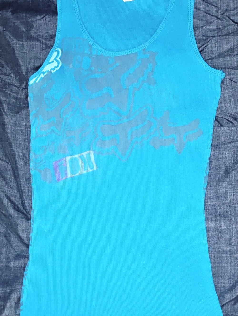Fox Teal Blue Ribbed Tank Top with  Gray Graphics